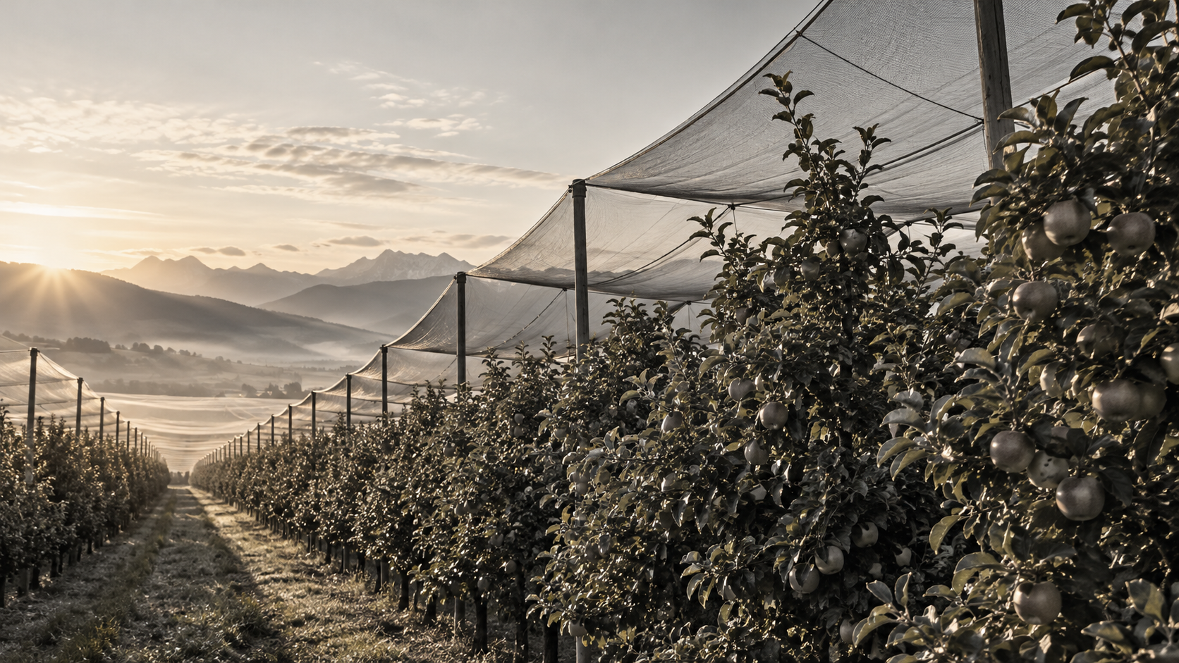 Orchard covered with anti-hail netting; illustrative image.