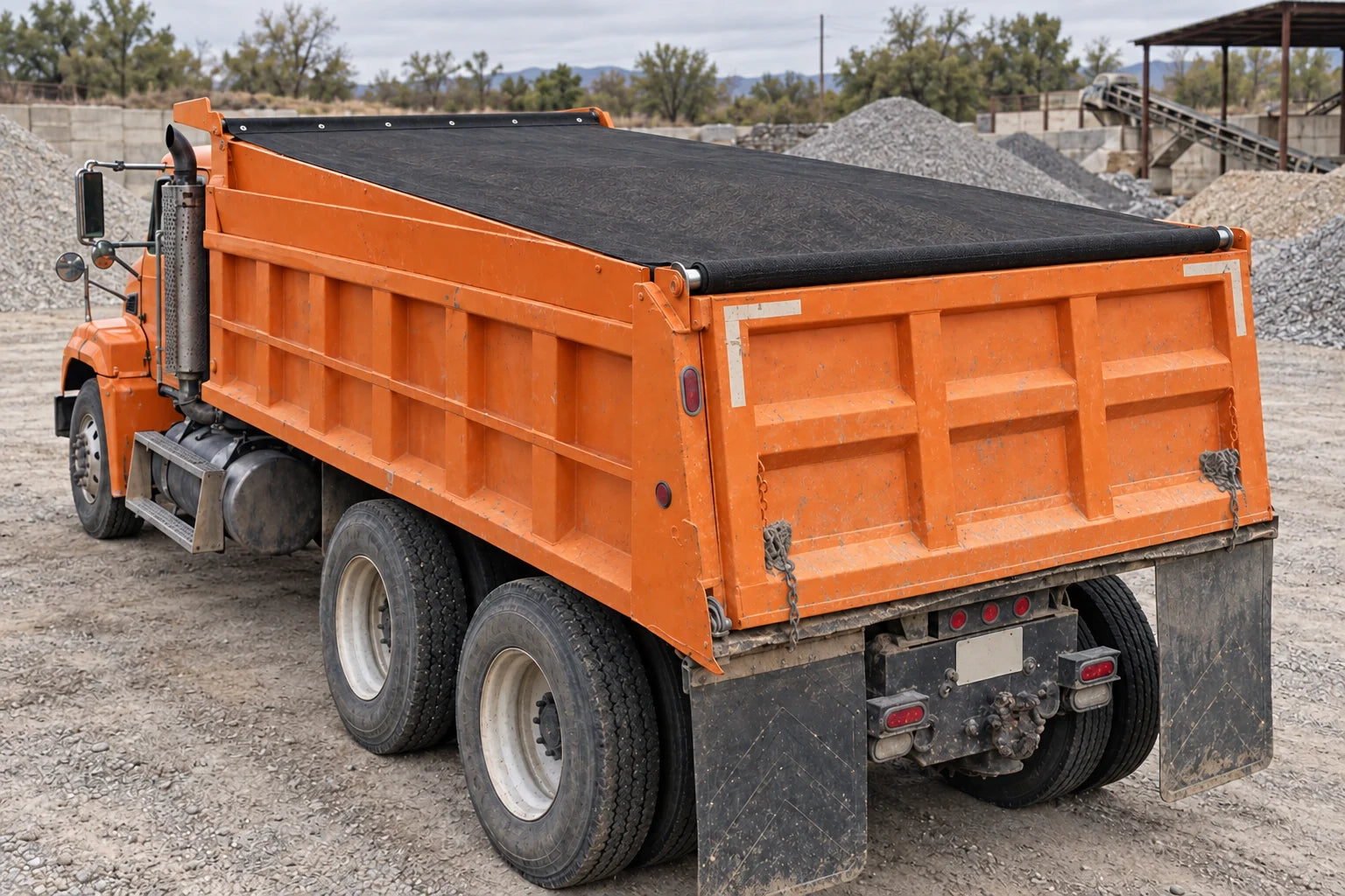 Illustration of black mesh covering an orange dump truck